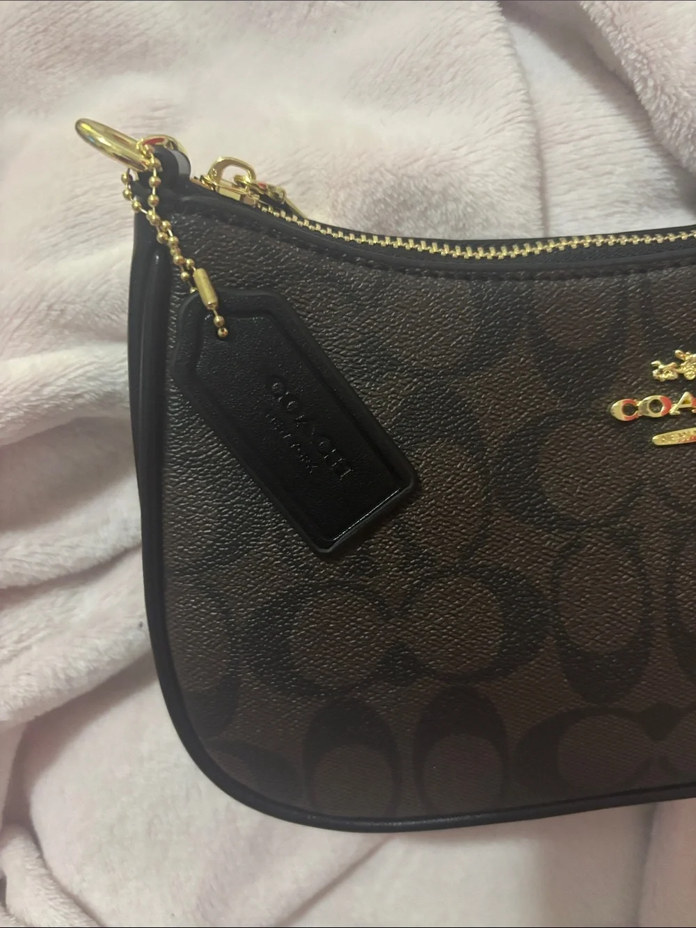 Coach Dark Brown Signature Canvas Shoulder Bag with Gold Hardware